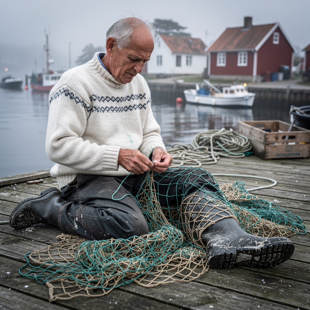 Ældre dansk fisker der reparerer garn på en træbro