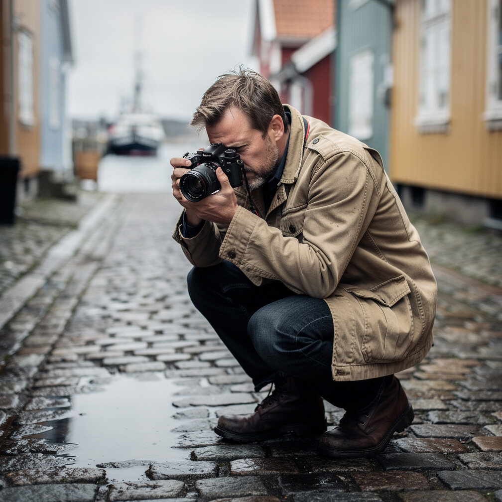 Documentary photographer photographing in a small Danish coastal village