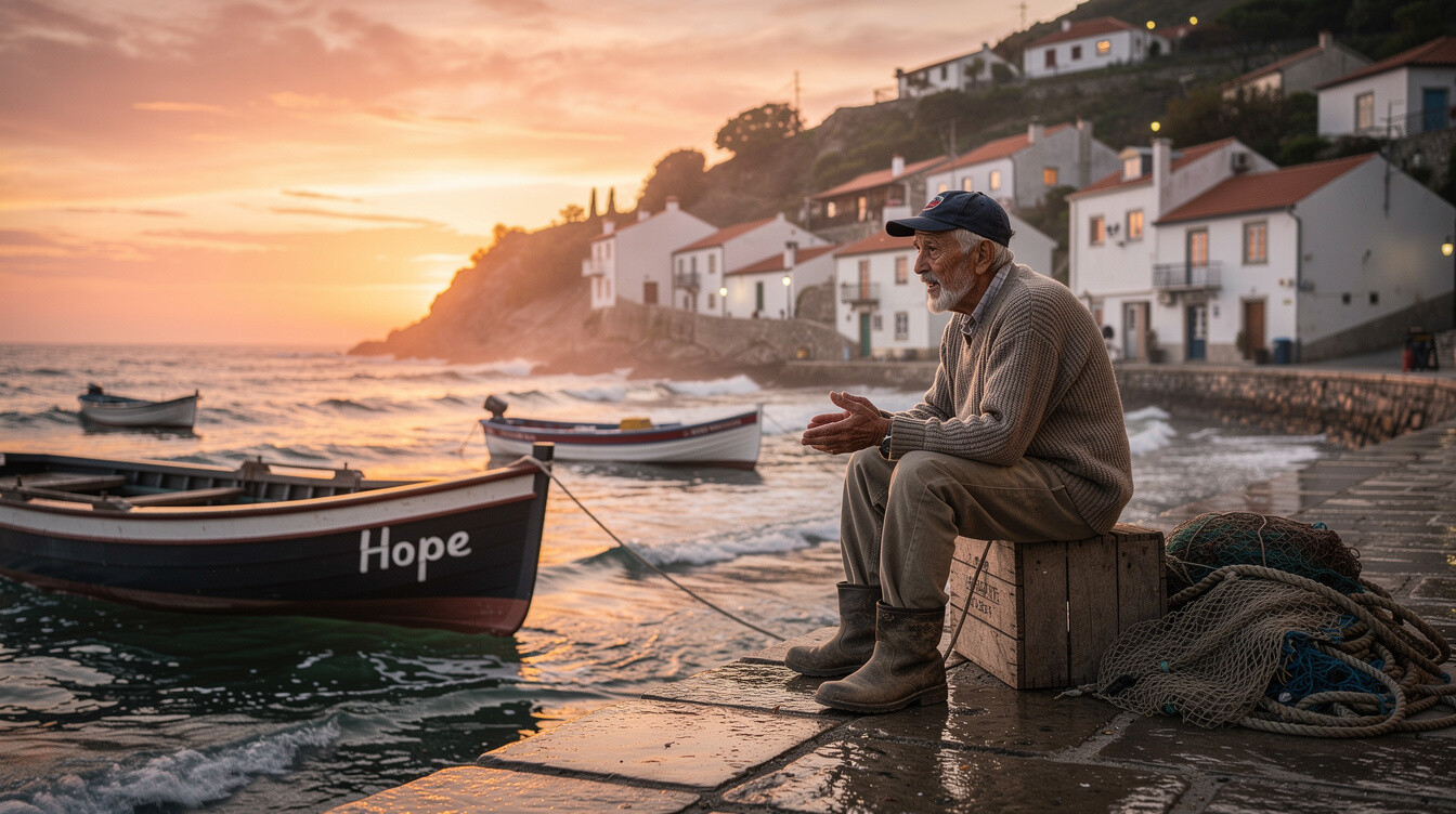 elderly fisherman by harbor