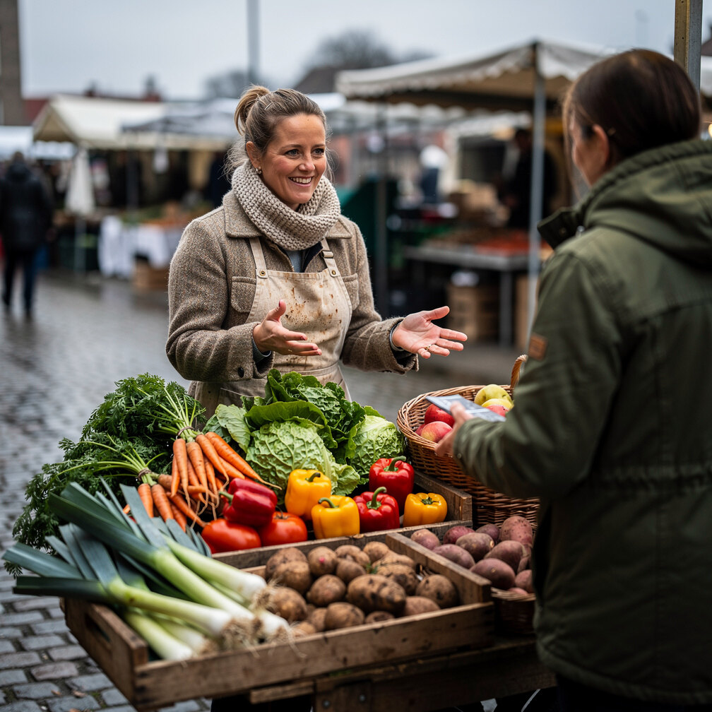 Dansk markedssælger der sælger grøntsager på lokalt marked